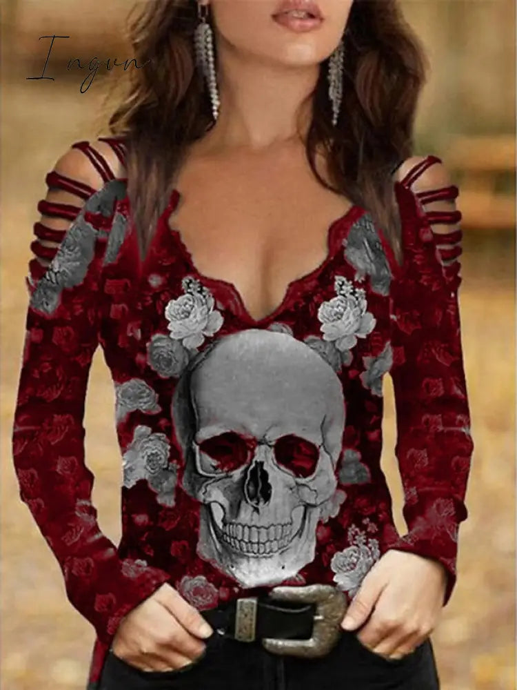 Ingvn - Women’s Going Out Tops Burgundy Tee Blouse Halloween Shirt Black Wine Blue Floral Skull