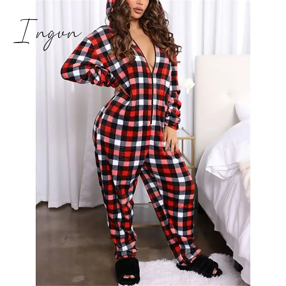 Ingvn - Women’s Pajamas Jumpsuit Leopard Star Warm Comfort Plush Home Christmas Flannel