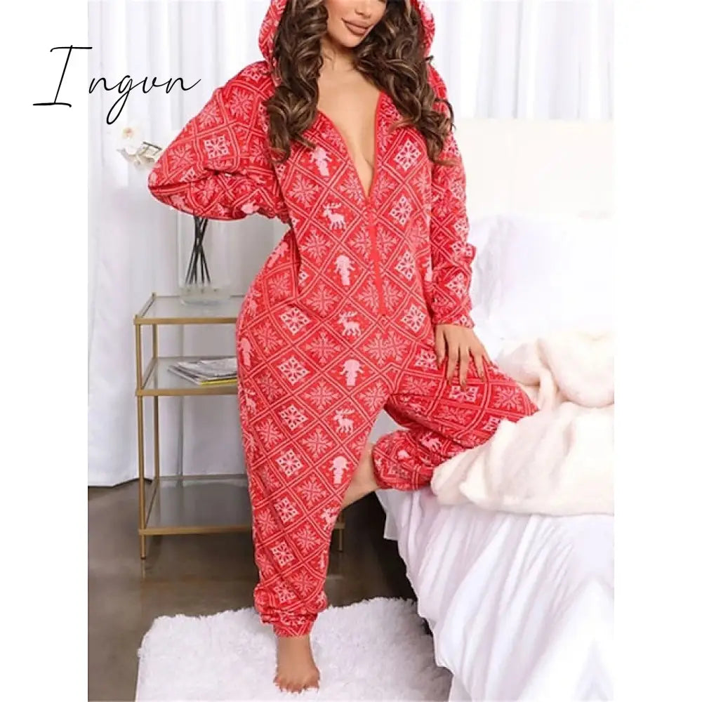 Ingvn - Women’s Pajamas Jumpsuit Leopard Star Warm Comfort Plush Home Christmas Flannel