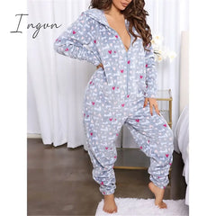 Ingvn - Women’s Pajamas Jumpsuit Leopard Star Warm Comfort Plush Home Christmas Flannel