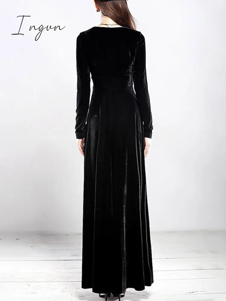 Ingvn - Women‘s Party Dress Wedding Guest Velvet Long Maxi Black Wine Royal Blue Sleeve Pure