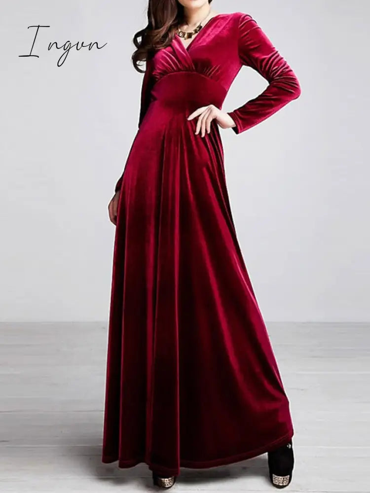 Ingvn - Women‘s Party Dress Wedding Guest Velvet Long Maxi Black Wine Royal Blue Sleeve Pure