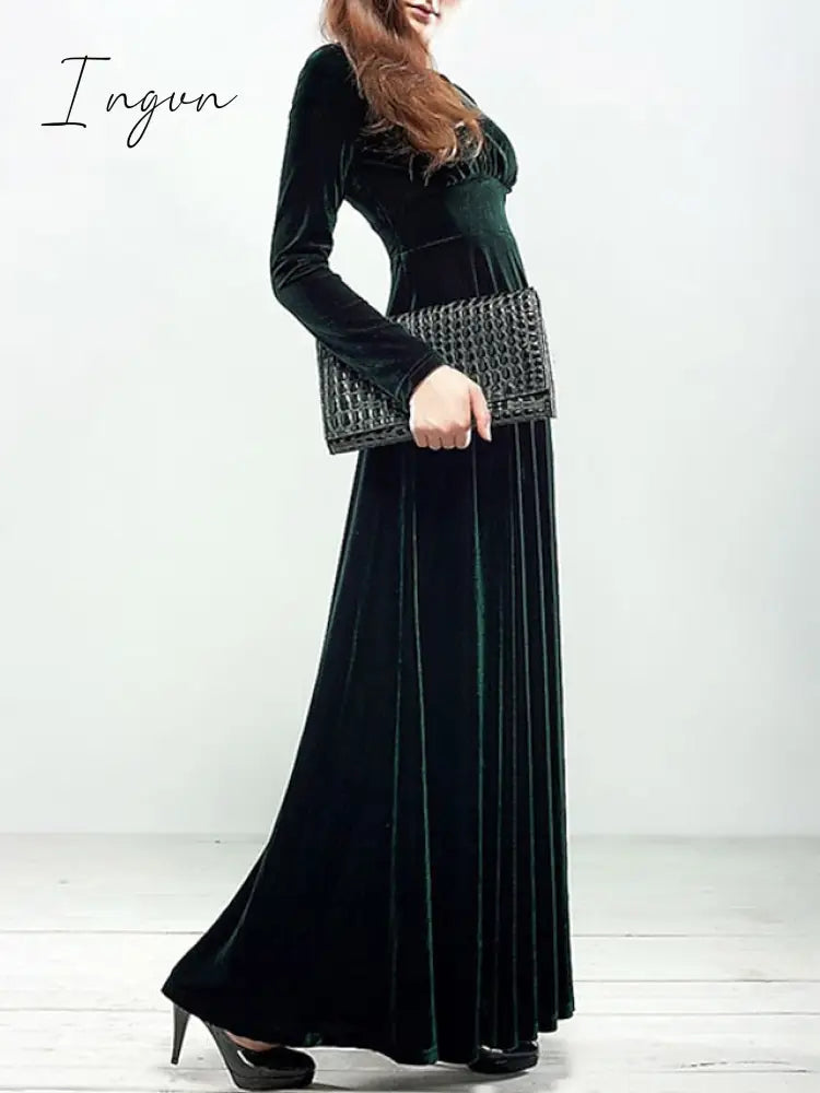 Ingvn - Women‘s Party Dress Wedding Guest Velvet Long Maxi Black Wine Royal Blue Sleeve Pure