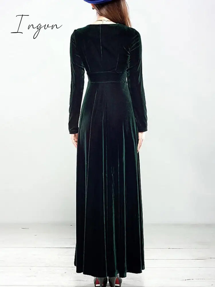 Ingvn - Women‘s Party Dress Wedding Guest Velvet Long Maxi Black Wine Royal Blue Sleeve Pure