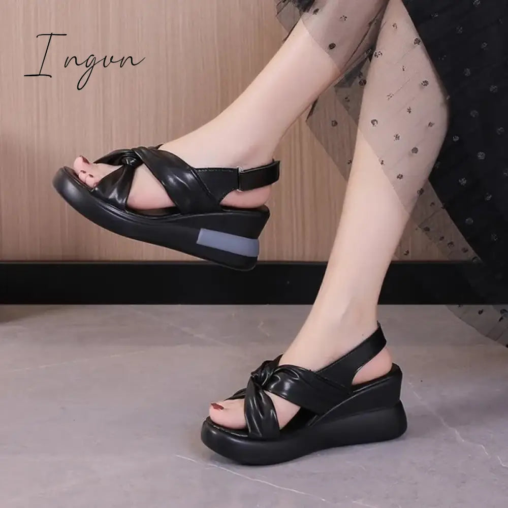 Ingvn - Women’s Platform Wedge Plus Size Sandals Soft Leather Heels New Summer