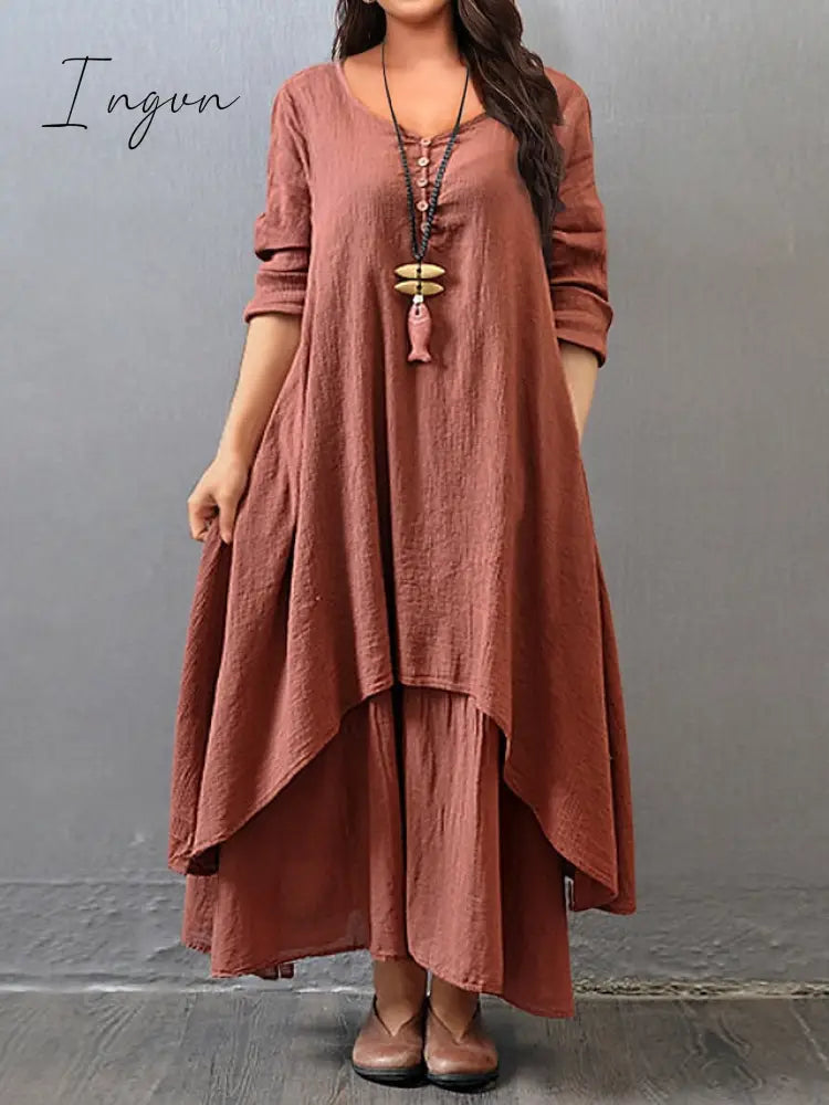 Ingvn - Women’s Plus Size Casual Dress Swing Solid Color Long Maxi Sleeve Button Fake Two Piece V