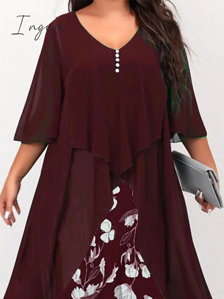 Ingvn - Women’s Plus Size Curve Work Dress Floral V Neck Ruched 3/4 Length Sleeve Spring Summer