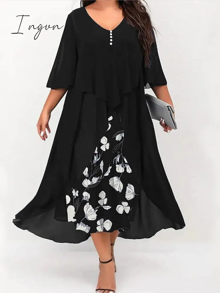 Ingvn - Women’s Plus Size Curve Work Dress Floral V Neck Ruched 3/4 Length Sleeve Spring Summer