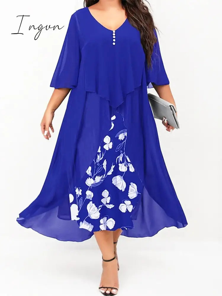 Ingvn - Women’s Plus Size Curve Work Dress Floral V Neck Ruched 3/4 Length Sleeve Spring Summer