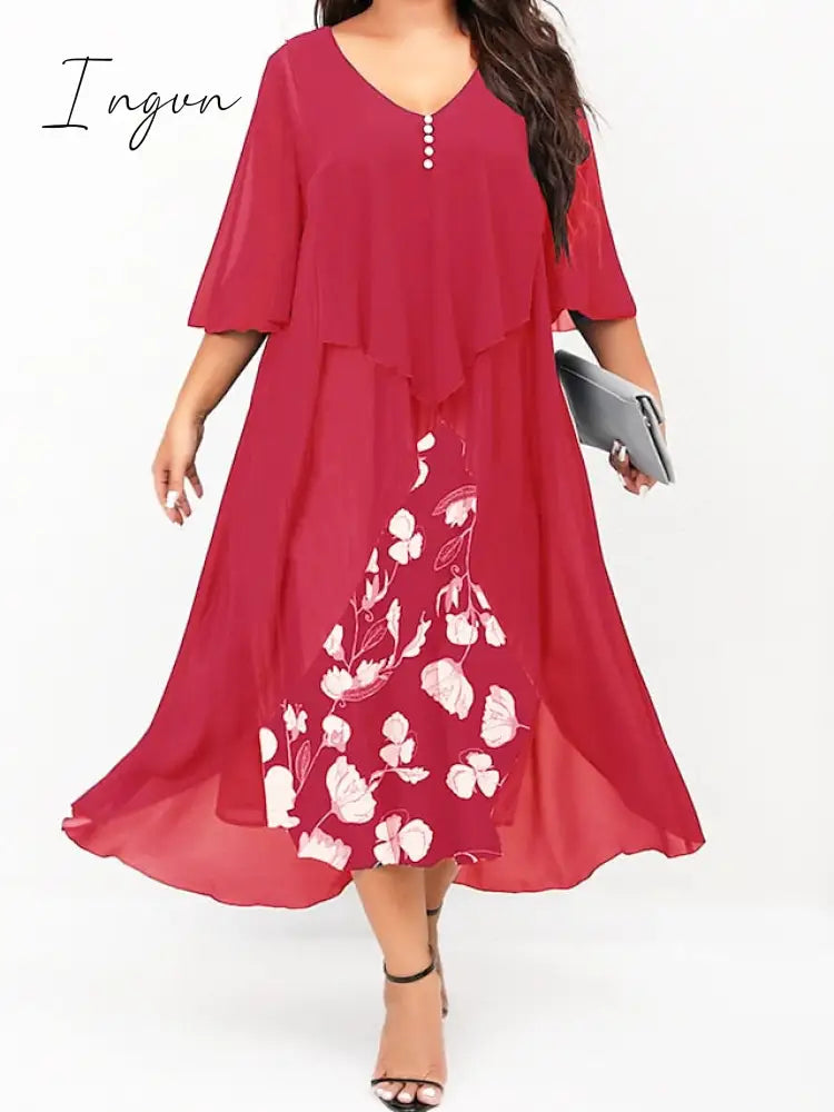 Ingvn - Women’s Plus Size Curve Work Dress Floral V Neck Ruched 3/4 Length Sleeve Spring Summer
