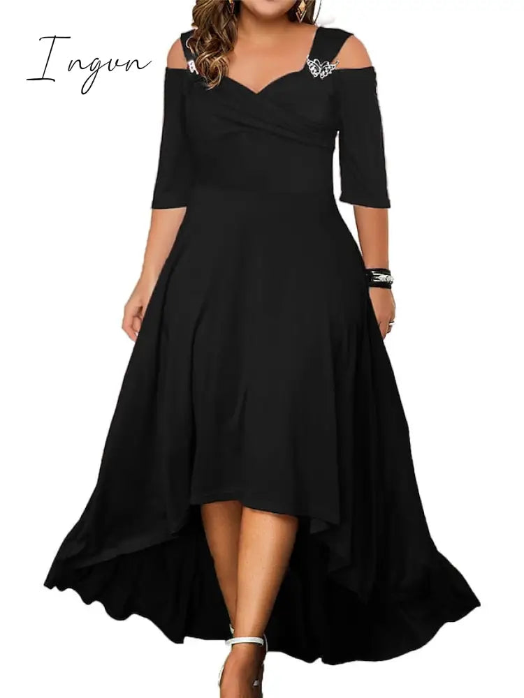 Ingvn - Women’s Plus Size Party Dress Swing Formal Solid Color Midi Half Sleeve Hollow Out High