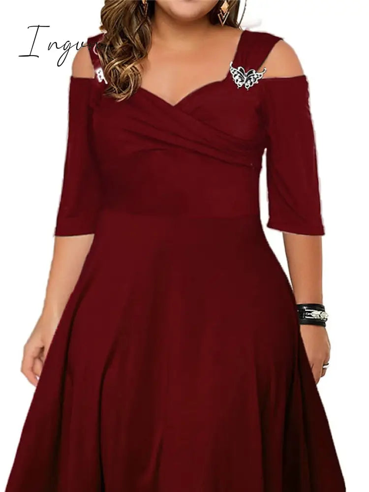 Ingvn - Women’s Plus Size Party Dress Swing Formal Solid Color Midi Half Sleeve Hollow Out High