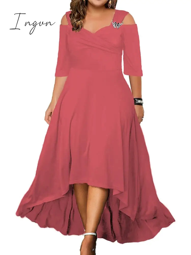 Ingvn - Women’s Plus Size Party Dress Swing Formal Solid Color Midi Half Sleeve Hollow Out High