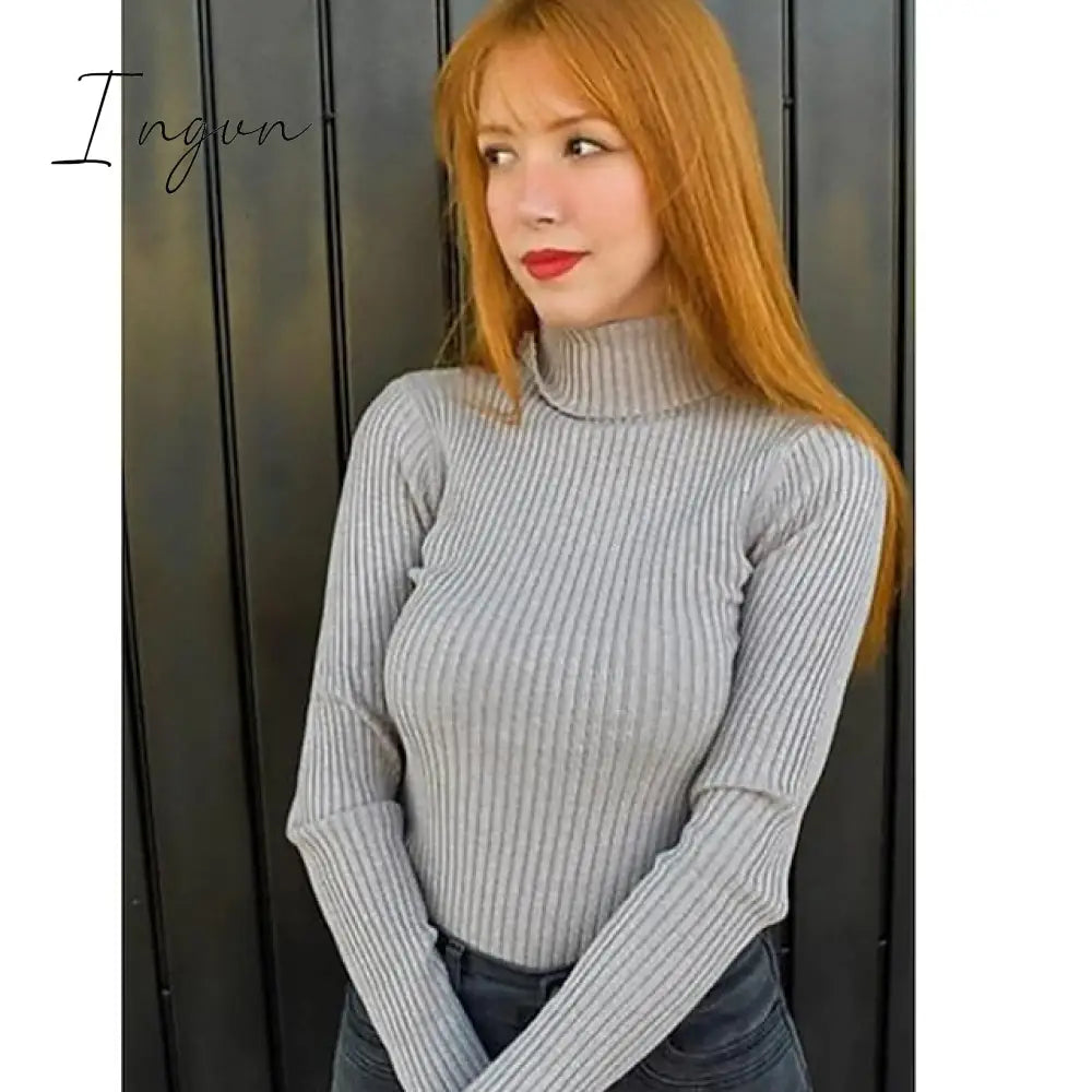 Ingvn - Women’s Pullover Sweater Jumper Ribbed Knit Knitted Thin Solid Color Turtleneck Basic