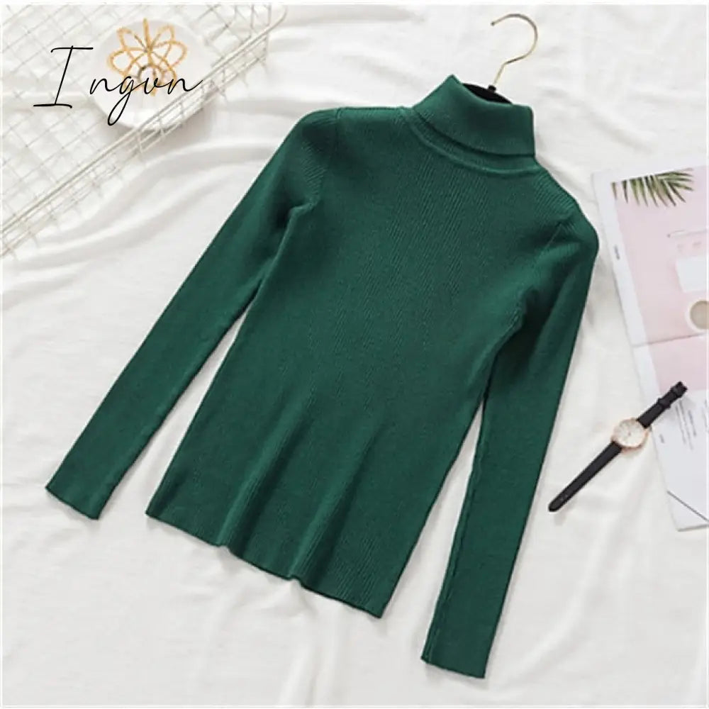 Ingvn - Women’s Pullover Sweater Jumper Ribbed Knit Knitted Thin Solid Color Turtleneck Basic