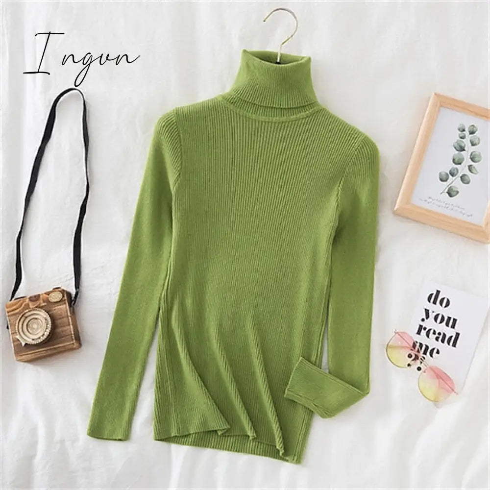 Ingvn - Women’s Pullover Sweater Jumper Ribbed Knit Knitted Thin Solid Color Turtleneck Basic