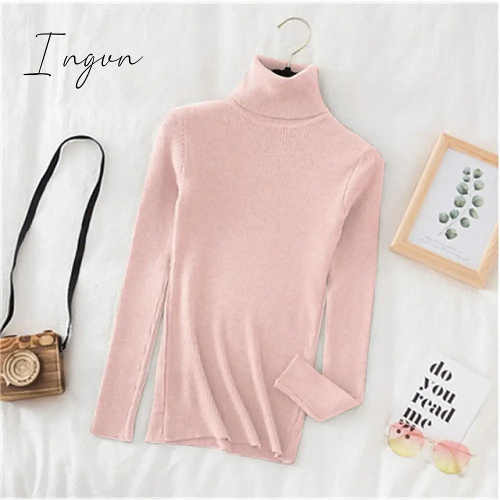 Ingvn - Women’s Pullover Sweater Jumper Ribbed Knit Knitted Thin Solid Color Turtleneck Basic