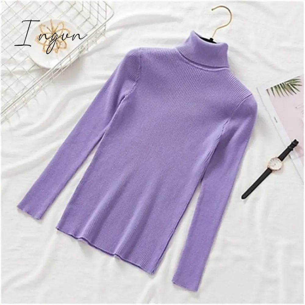 Ingvn - Women’s Pullover Sweater Jumper Ribbed Knit Knitted Thin Solid Color Turtleneck Basic