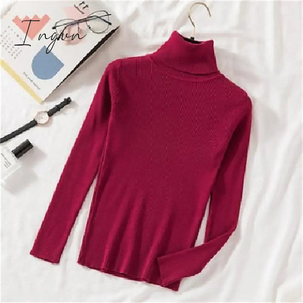 Ingvn - Women’s Pullover Sweater Jumper Ribbed Knit Knitted Thin Solid Color Turtleneck Basic