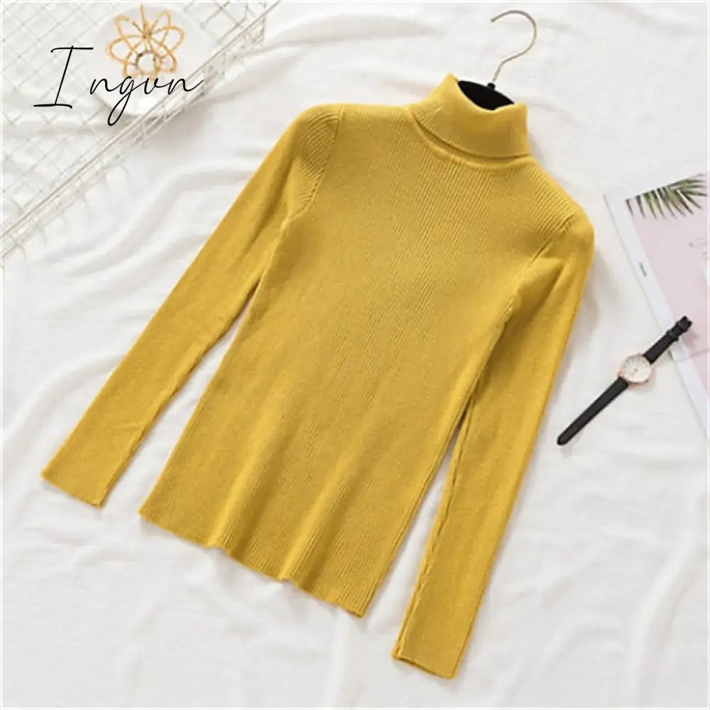 Ingvn - Women’s Pullover Sweater Jumper Ribbed Knit Knitted Thin Solid Color Turtleneck Basic