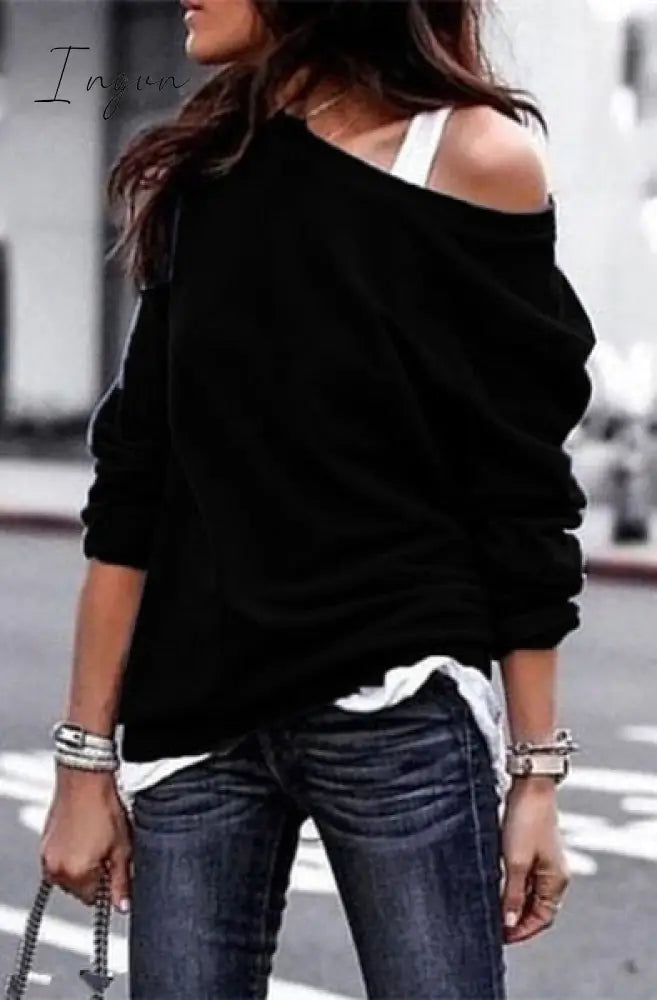 Ingvn - Women’s Pullover Sweatshirt Heart Printed Long Sleeve One Shoulder Tops Autumn Winter