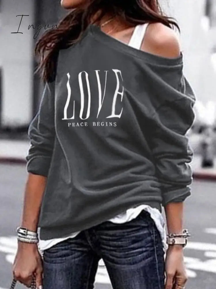 Ingvn - Women’s Pullover Sweatshirt Heart Printed Long Sleeve One Shoulder Tops Autumn Winter