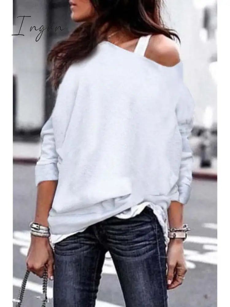Ingvn - Women’s Pullover Sweatshirt Heart Printed Long Sleeve One Shoulder Tops Autumn Winter