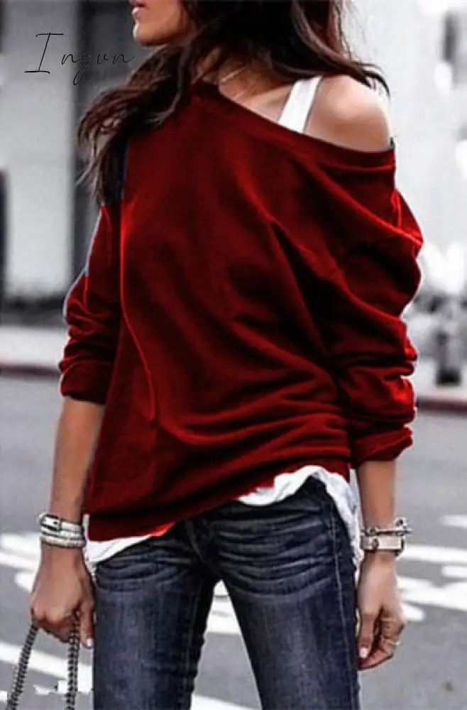Ingvn - Women’s Pullover Sweatshirt Heart Printed Long Sleeve One Shoulder Tops Autumn Winter