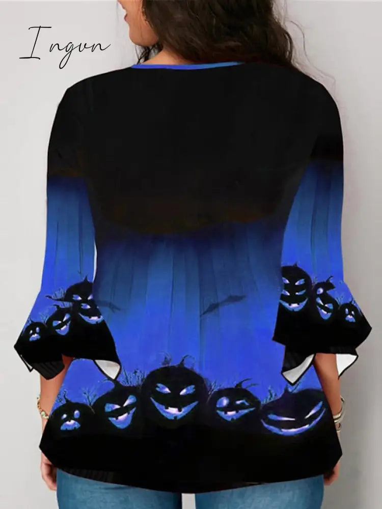 Ingvn - Women’s Shirt Blouse Halloween Yellow Blue Purple Pumpkin Print 3/4 Length Sleeve Daily