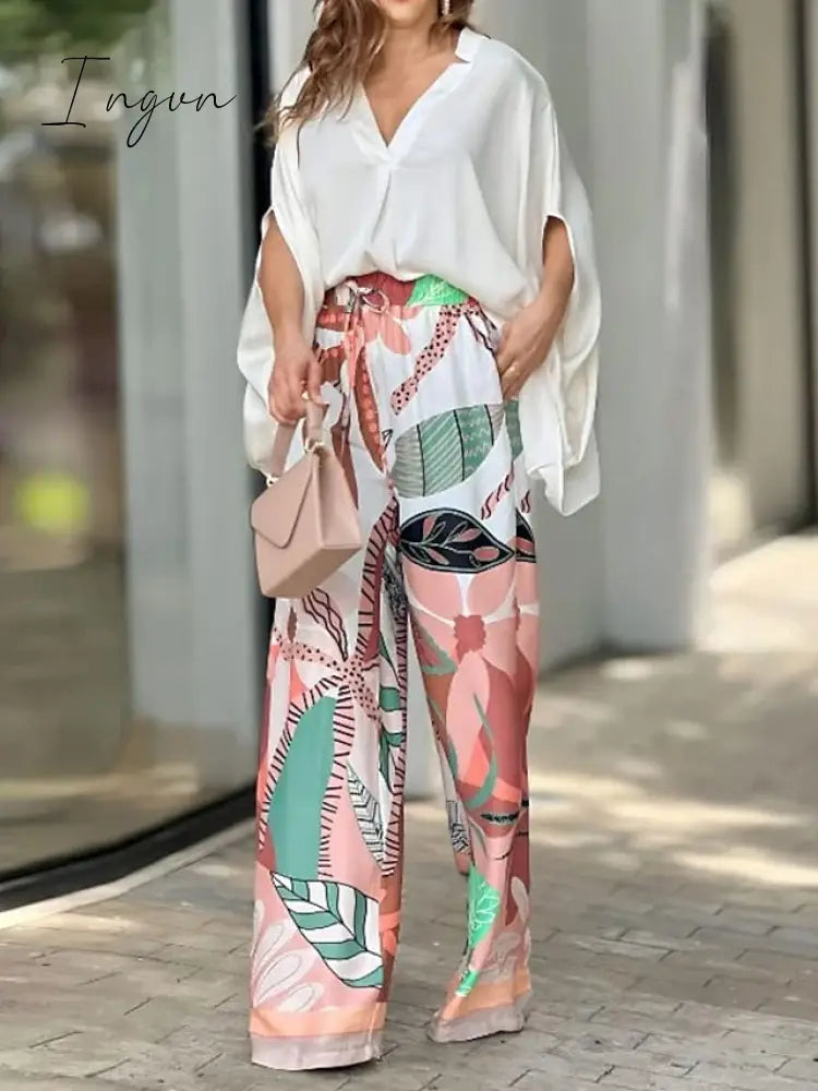 Ingvn - Women’s Shirt Pants Sets White Floral Drawstring Print Long Sleeve Casual Daily Fashion V