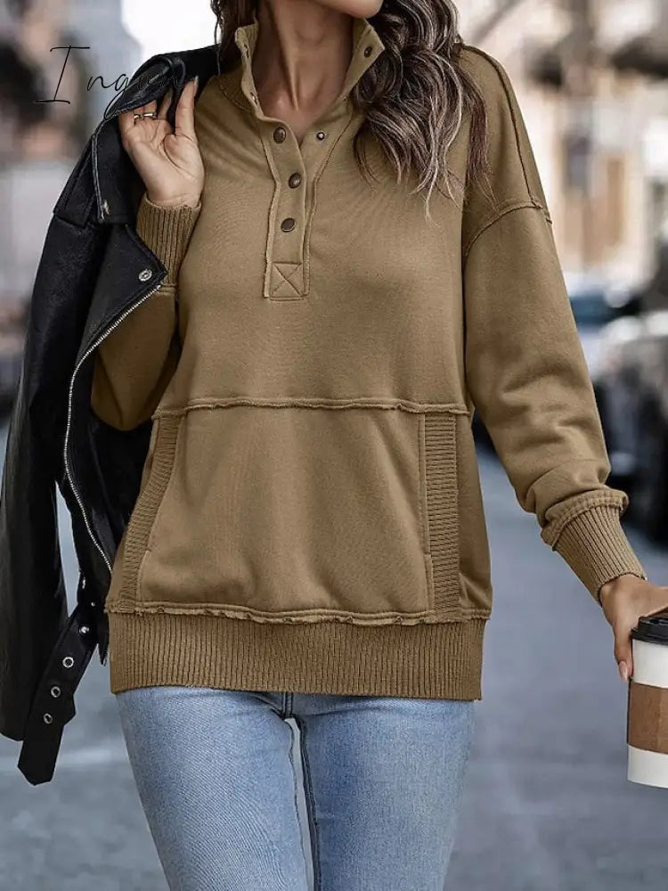 Ingvn - Women’s Sweatshirt Pullover Basic Button Front Pocket White Pink Brown Solid Color Casual