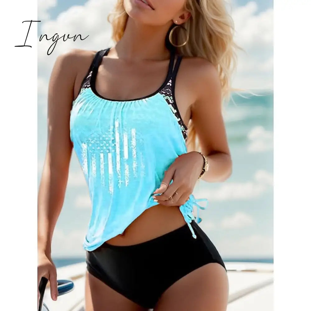 Ingvn - Women’s Swimwear Tankini 2 Piece Normal Swimsuit Modest High Waisted Striped Stars Black