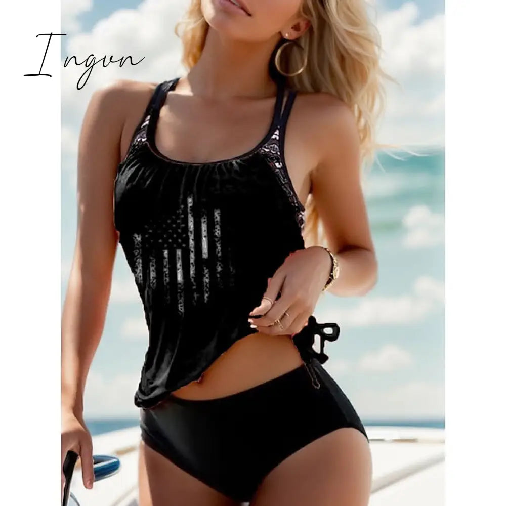 Ingvn - Women’s Swimwear Tankini 2 Piece Normal Swimsuit Modest High Waisted Striped Stars Black