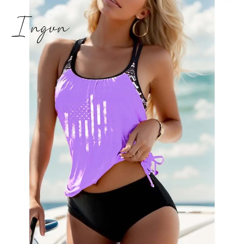 Ingvn - Women’s Swimwear Tankini 2 Piece Normal Swimsuit Modest High Waisted Striped Stars Black