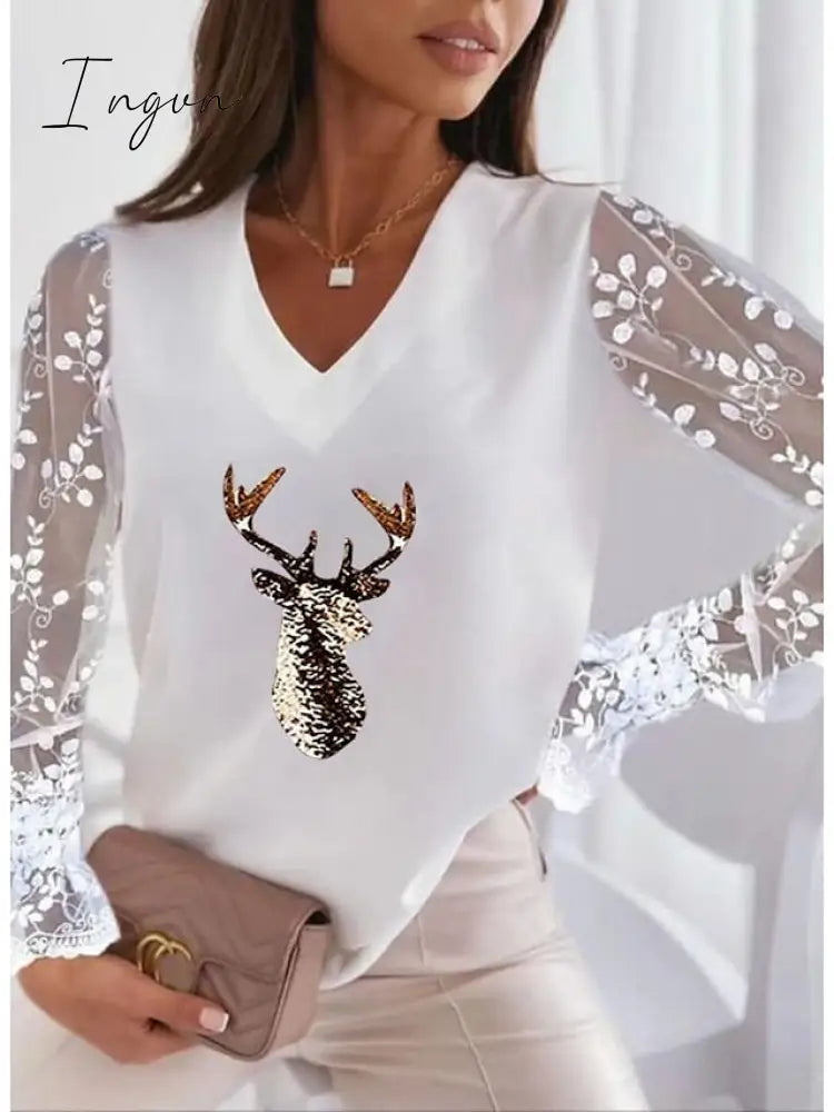 Ingvn - Women’s T Shirt Tee Maroon Silver Peach Graphic Reindeer Patchwork Lace Trims Long Sleeve