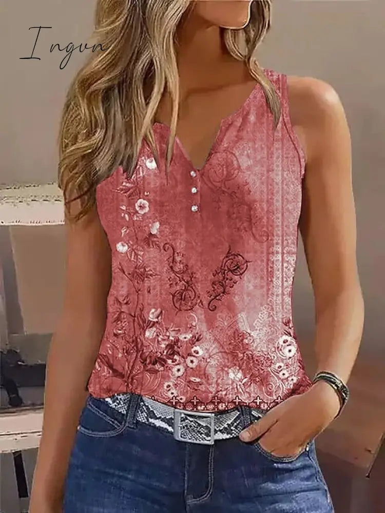 Ingvn - Women’s Tank Top White Red Blue Floral Button Print Short Sleeve Casual Holiday Basic V