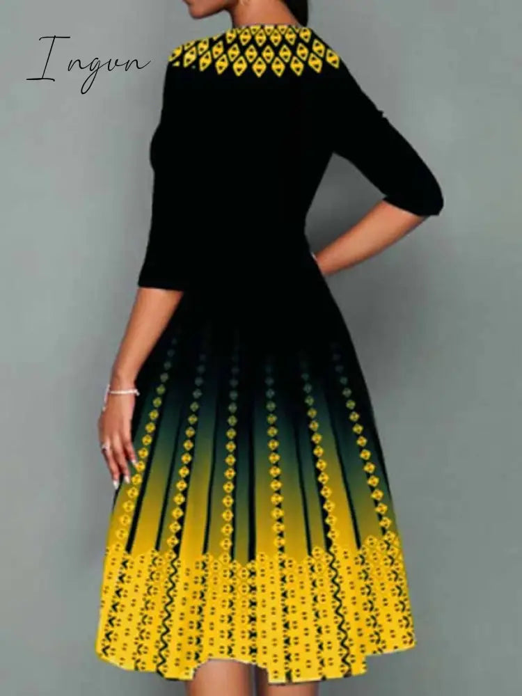 Ingvn - Women’s Work Dress Swing Church Midi Red Royal Blue 3/4 Length Sleeve Print Summer Spring