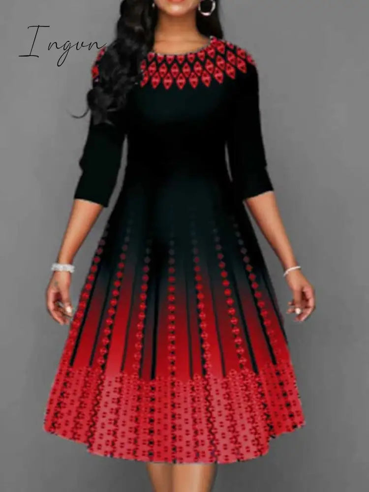 Ingvn - Women’s Work Dress Swing Church Midi Red Royal Blue 3/4 Length Sleeve Print Summer Spring