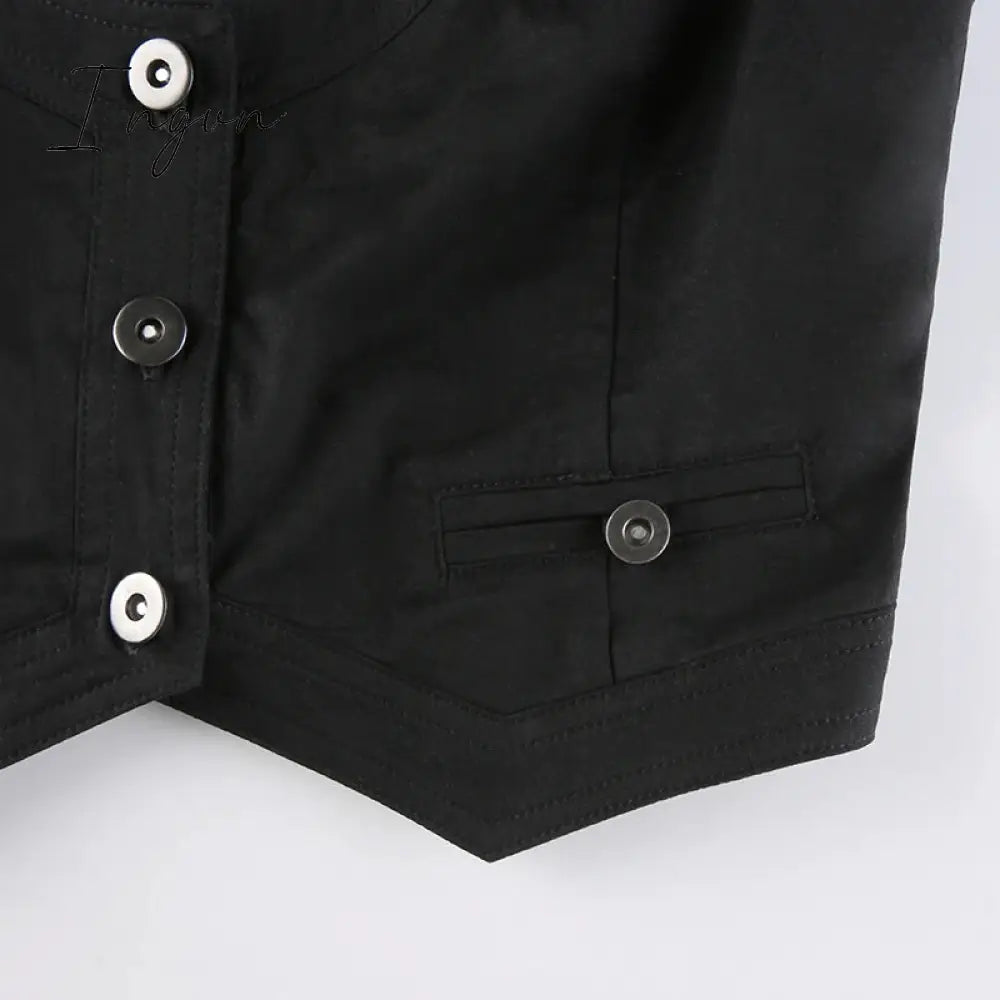 Ingvn - Y2K Button Corset Top Black Sleeveless Tank Tops Skinny V Neck Aesthetic Punk Crop Grunge