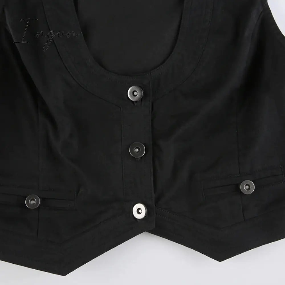 Ingvn - Y2K Button Corset Top Black Sleeveless Tank Tops Skinny V Neck Aesthetic Punk Crop Grunge