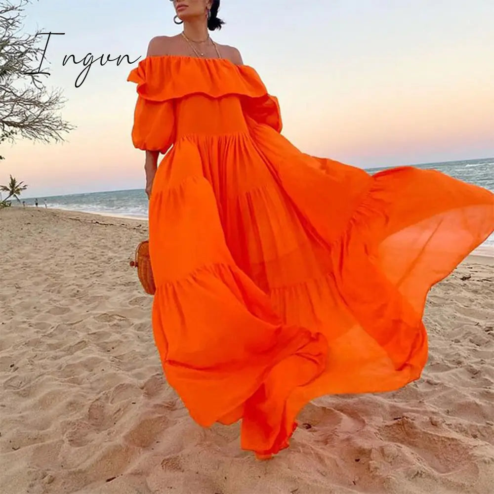 Ingvn - Yellow Off Shoulder Ruffles Pleated Dress Plus Size Women Casual Beach Holiday Slash Neck