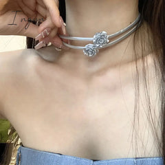 Korean Fashion Silver Color Rose Leather Double Layer Necklace for Women Girls Choker Clavicle Chain Aesthetic Jewelry New