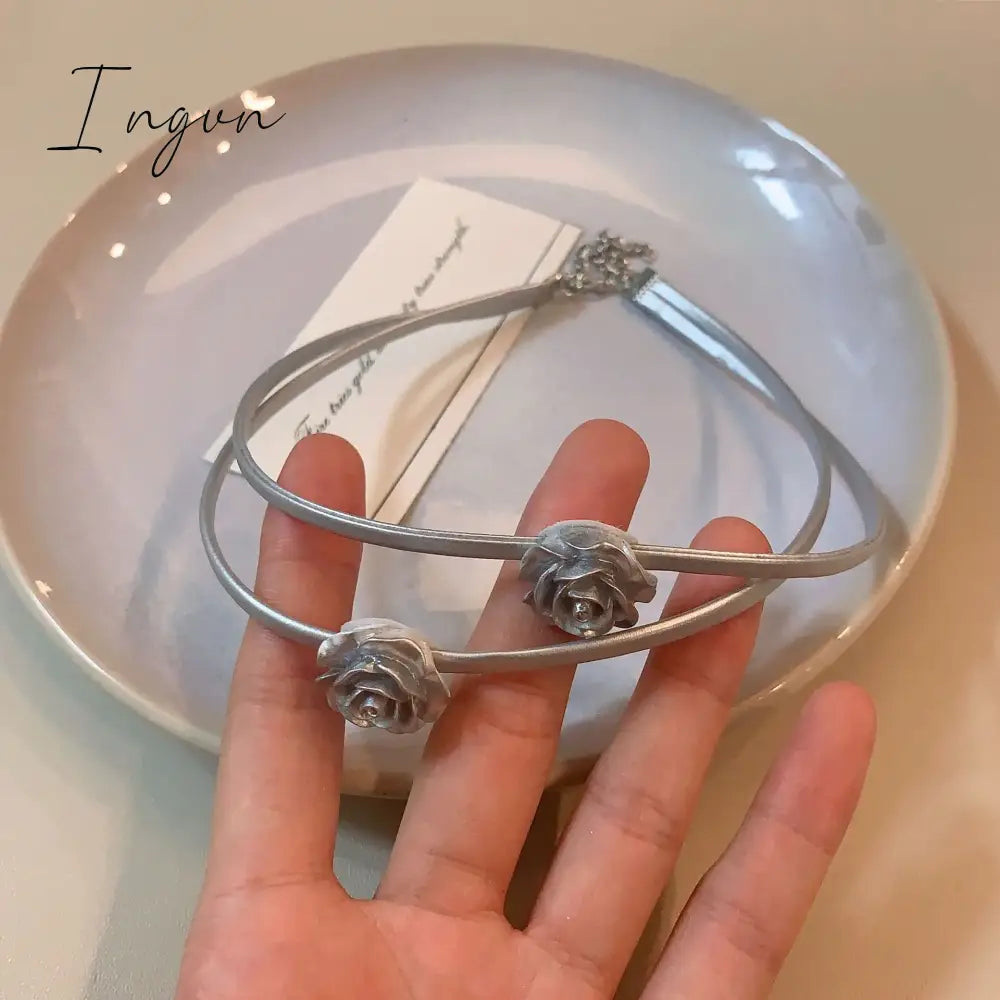 Korean Fashion Silver Color Rose Leather Double Layer Necklace For Women Girls Choker Clavicle