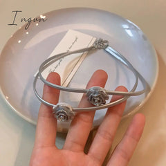 Korean Fashion Silver Color Rose Leather Double Layer Necklace For Women Girls Choker Clavicle