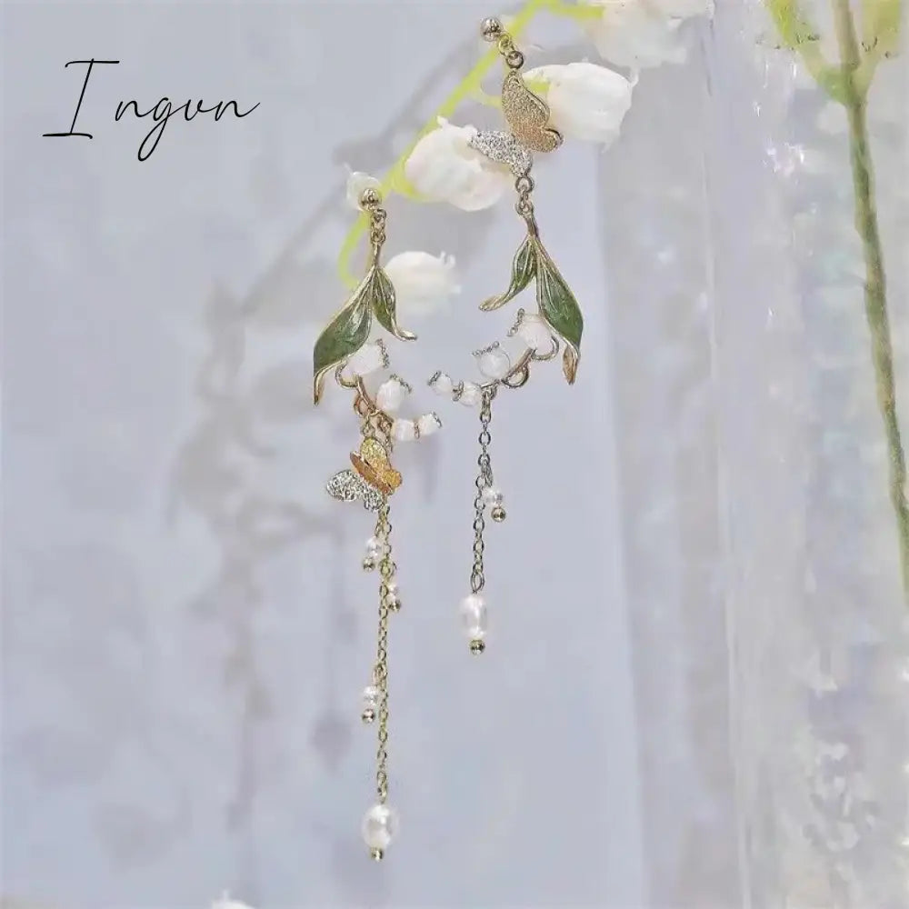 New Korean Flower Asymmetrical Dangle Earrings For Women Long Tassel Butterfly Imitation Pearl Cat