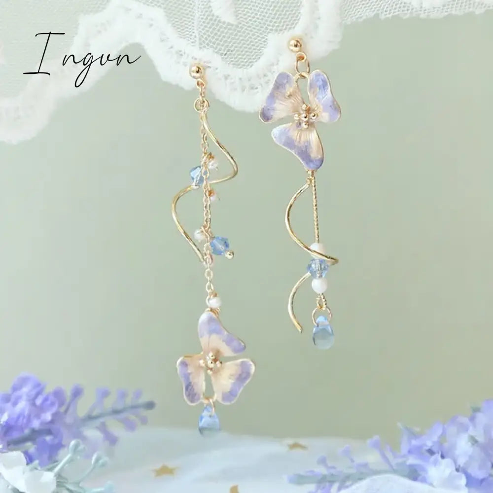 New Korean Flower Asymmetrical Dangle Earrings For Women Long Tassel Butterfly Imitation Pearl Cat