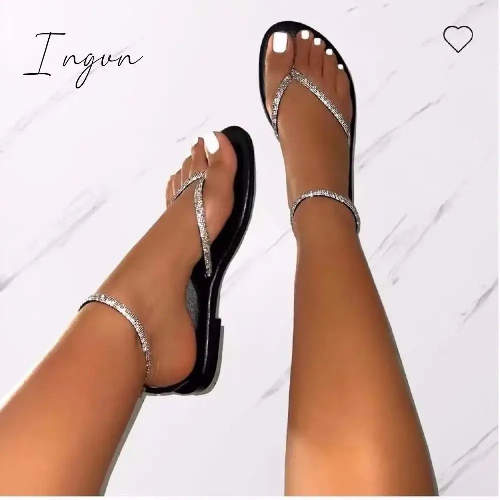 New Rhinestone Decor Toe Post Thong Flip-Flops Women Slides Outdoor Non-Slip Beach Sandals 2023