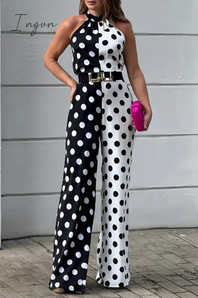 Sexy Print Polka Dot Pocket Contrast Halter Loose Jumpsuits(No Belt)