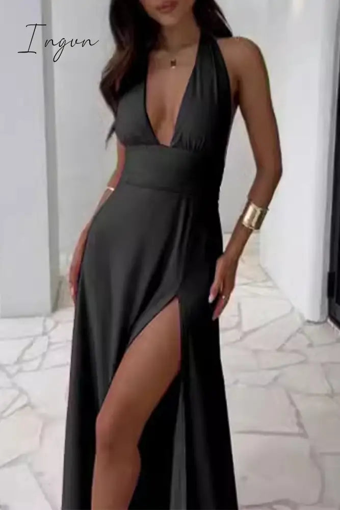 Sexy Solid Backless Slit Halter Sleeveless Dresses(5 Colors) Black / S Dresses/Casual Dresses