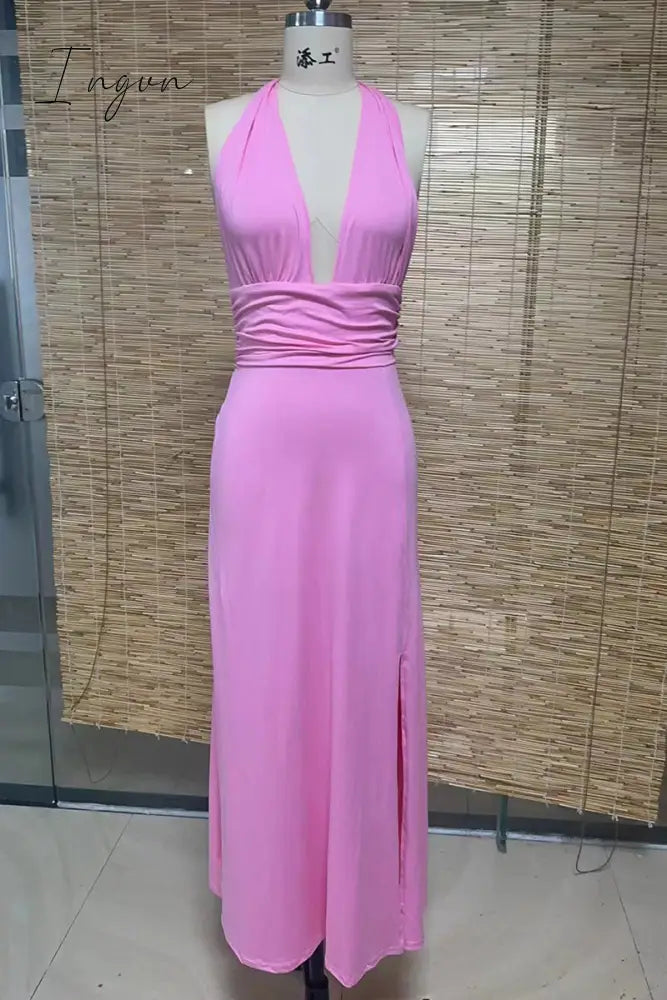 Sexy Solid Backless Slit Halter Sleeveless Dresses(5 Colors) Dresses/Casual Dresses